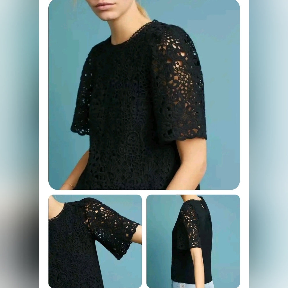 Anthro‎ eri + ali Suzy Black Lace Overlay Crochet Tee Short Sleeve Blouse Size S